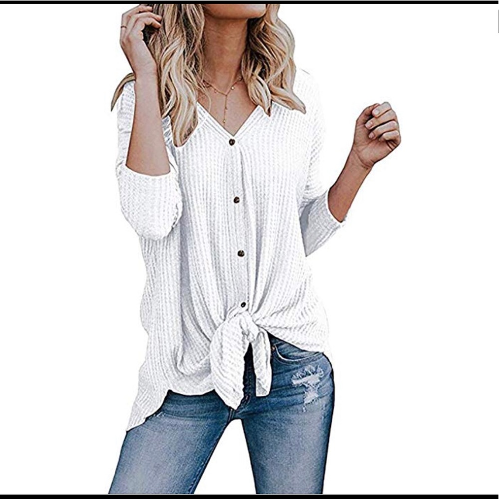 Chvity Womens Waffle Knit Tunic Blouse Tie Knot